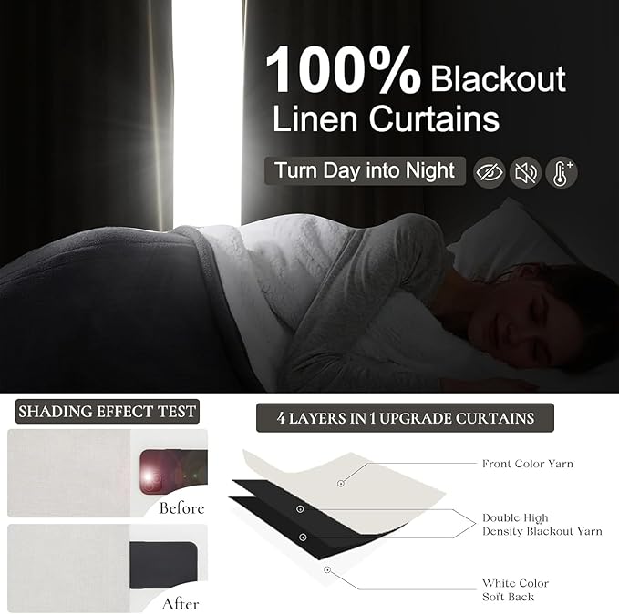 Birch Extra Wide 70 Inch Total 140" Blackout Crtains for Living Room 2 Panels Set, Farmhouse Thick Linen Blend Room Darkening Window Drapes with Rod Pocket Thermal Pleated Curtain(70"W x 102"L)