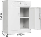 Metal Storage Cabinet, Locking Cabinet with 1 Drawer and Adjustable Shelf, 36" H x 28" W x 16" D Steel Storage Cabinet for Office, Garage, Home-White