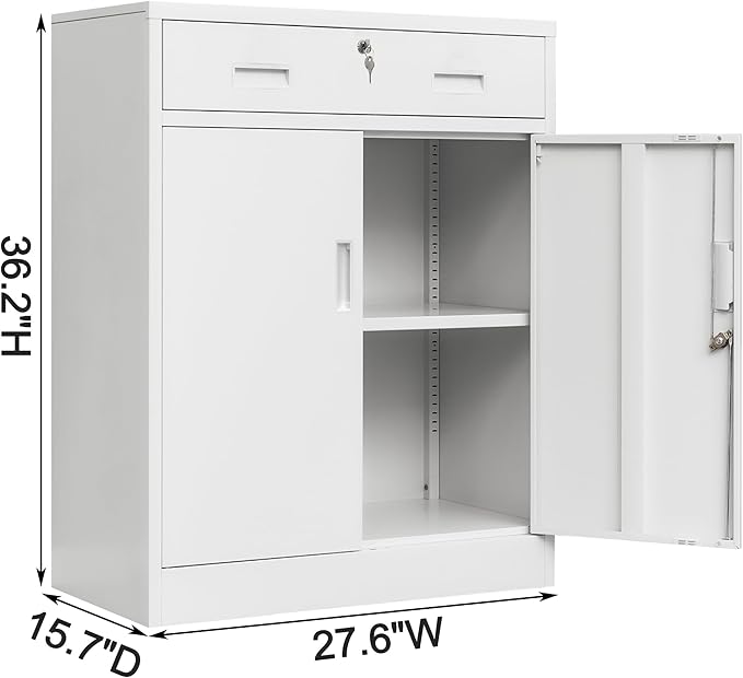 Metal Storage Cabinet, Locking Cabinet with 1 Drawer and Adjustable Shelf, 36" H x 28" W x 16" D Steel Storage Cabinet for Office, Garage, Home-White