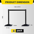 10 ft Crowd Control Stanchion Set, Crowd Control Barrier, Stanchions with Retractable Belts & Base, Retractable Stanchions, Queue Management Stanchion (4 Pack) (Black)