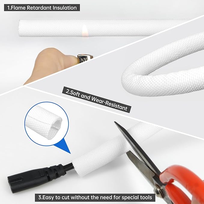 Split Braided Cable Sleeve，Flexible Wire Loom Tubing, Automotive Cord Protector Pet Proof, Cable Management for Computer TV Electric Wires Harness 16ft (White, 13mm（1/2")