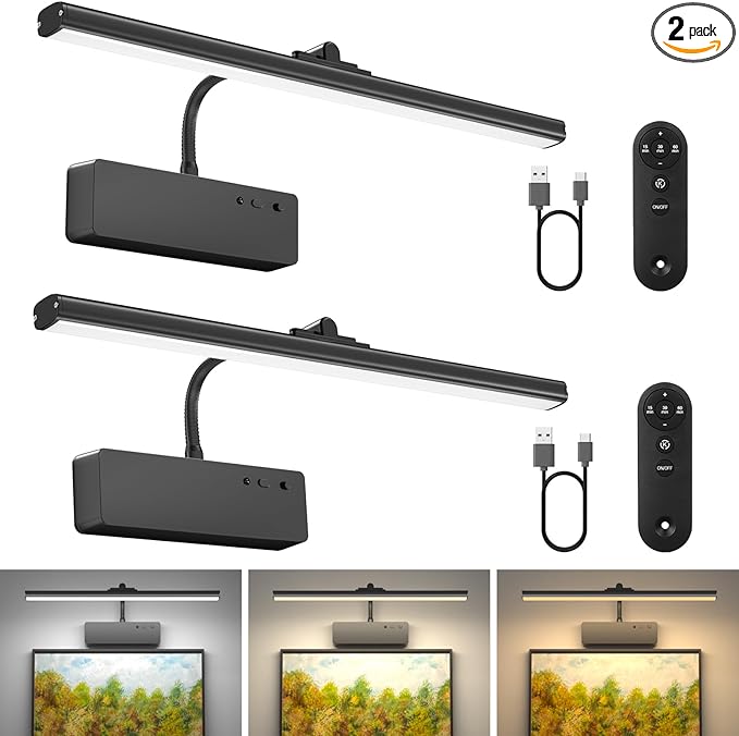 Lightbiz Picture Light 2 Pcs, 15.35inch 5400mAh Rechargeable Picture Lights for Wall Battery Operated Wall Lights with Remote, 3 Colors Paintings Light Dimmable Art Light for Artwork, Gallery (Black)