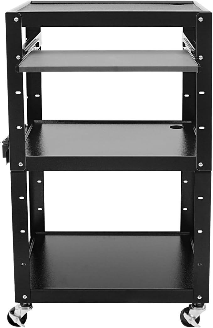 Steel Rolling AV Cart on Wheels, Commercial Furniture Mobile Utility Rolling Media Carts Computer Workstation with Height Adjustable Shelf, Keyboard Tray, Power Outlet and Plugs for Home Office, Black
