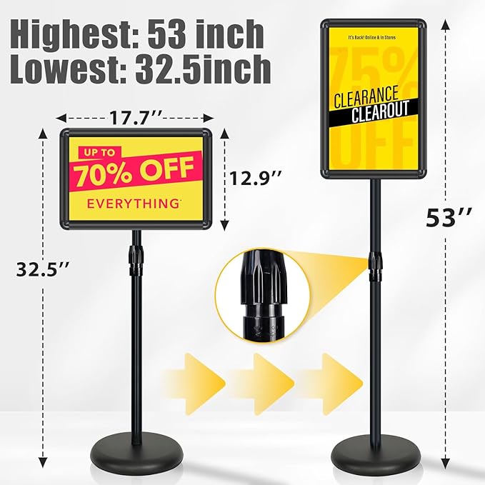 Sign Stand - Standing Sign Holder for 11x17 Inch, Pedestal Poster Sign Stand, Vertical and Horizontal View Displayed, Round Corner Sign Holder for Church School Parties Business Show, Black (2 Pack)