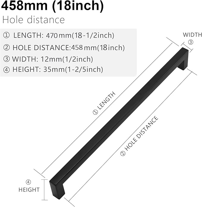 Matte Black Cabinet Pulls - Square Drawer Pulls, 2 Pack 18 Inch Stainless Steel Kitchen Door Cupboard Handles, 458mm Hole Centers