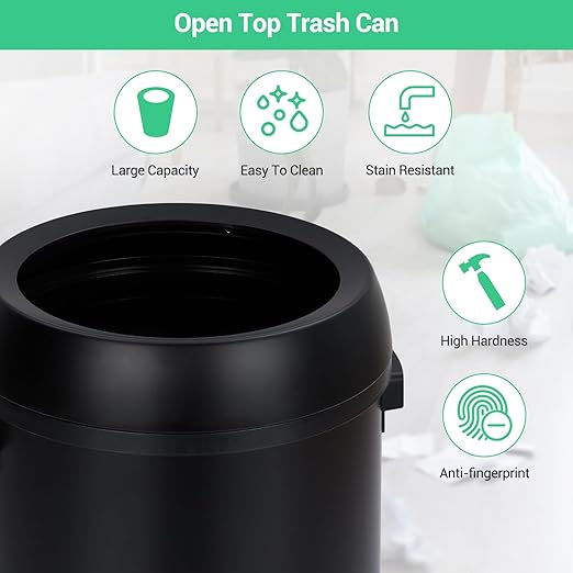 17 Gallon/65L Trash Can, Heavy Duty Stainless Steel Open Top Trash Can, Fingerprint-Proof Round Kitchen Trash Bin, Commercial Garbage Can for Restaurant, Home, Office(Black)