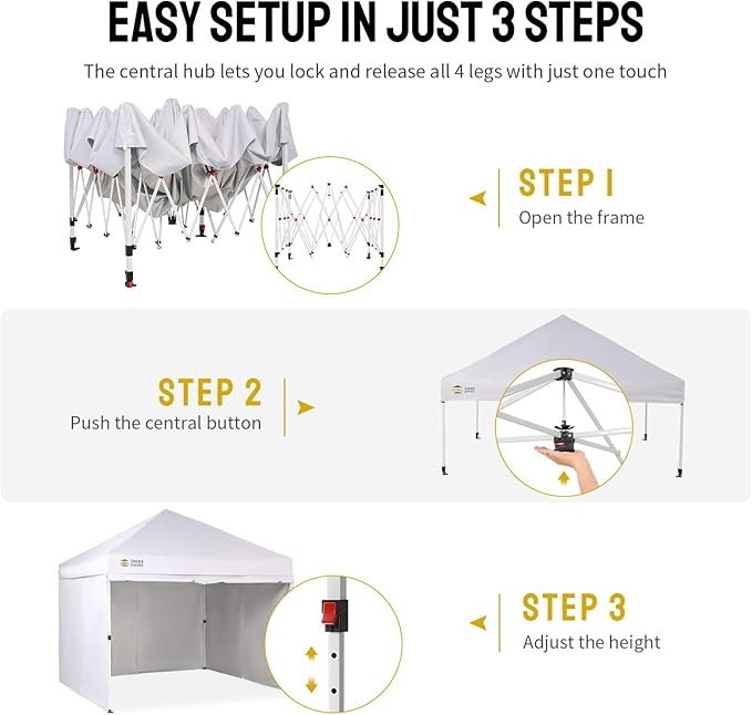 CROWN SHADES 10X10 Comercial Instant Canopy Pop Up Tent with Center Lock, 300D Fabric, 4 Sidewalls, Sto'N Go Bag, White