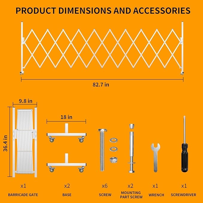 Expandable Barricade Gate,82" Metal Safety Barrier Gate with Casters,Accordion Garden Yard Outdoor Indoor Fence Folding Security Dog Gates Wall Mount,White