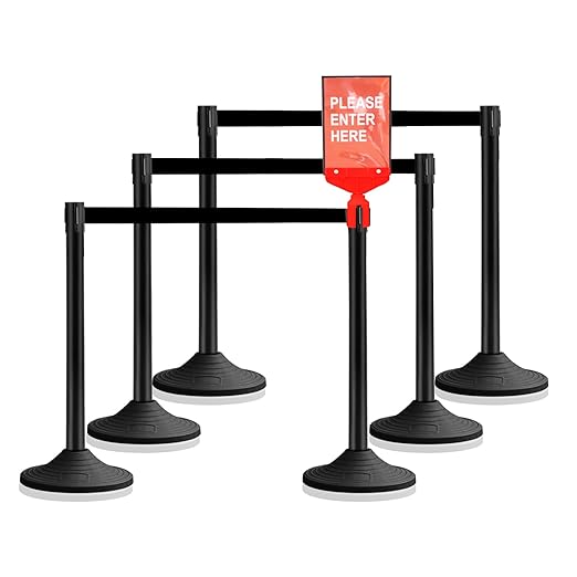 10 ft Crowd Control Stanchion Set, Crowd Control Barrier, Stanchions with Retractable Belts & Base, Retractable Stanchions, Queue Management Stanchion (6 Pack) (Black)