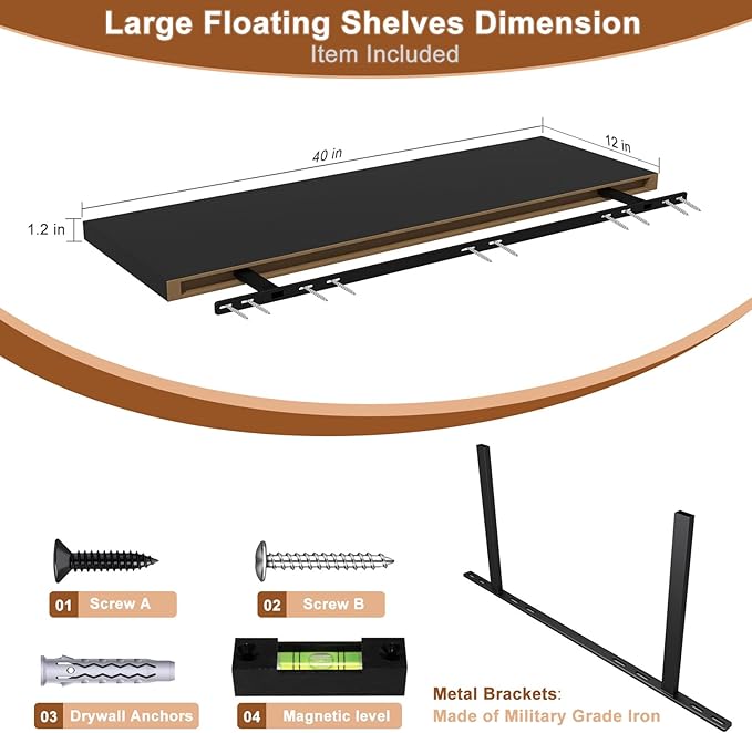 12 Inch Deep Floating Shelves for Wall 3 Pack Floating Shelfs Large Storage Space Wall Decor Display Shelf for Bathroom Living Room Bedroom Kitchen 40" W x 12" D x 1.2" H Black