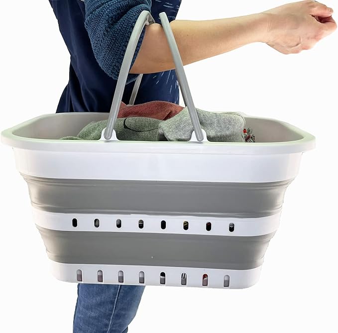 SAMMART Collpasible Shopping Basket 19L - Laundry Basket - Portable Outdoor Picnic Basket - Foldable Basket for Camping (White/Grey)
