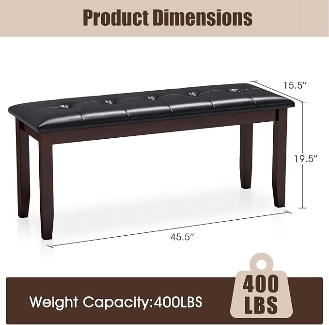 Giantex Button-Tufted Dining Bench, 45.5' PU Leather Upholstered Padded Bench for Bedroom Kitchen Living Room & Entryway, Solid Rubber Wood Legs, Supports Up to 400 Lbs
