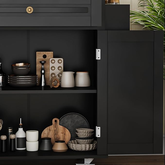 67’’ Movable Kitchen Island with Drop Leaf and Power Outlet, Lockable Sliding Countertop Rolling Island Cart with 2 Large Drawers, Spice, Towel Rack,Black