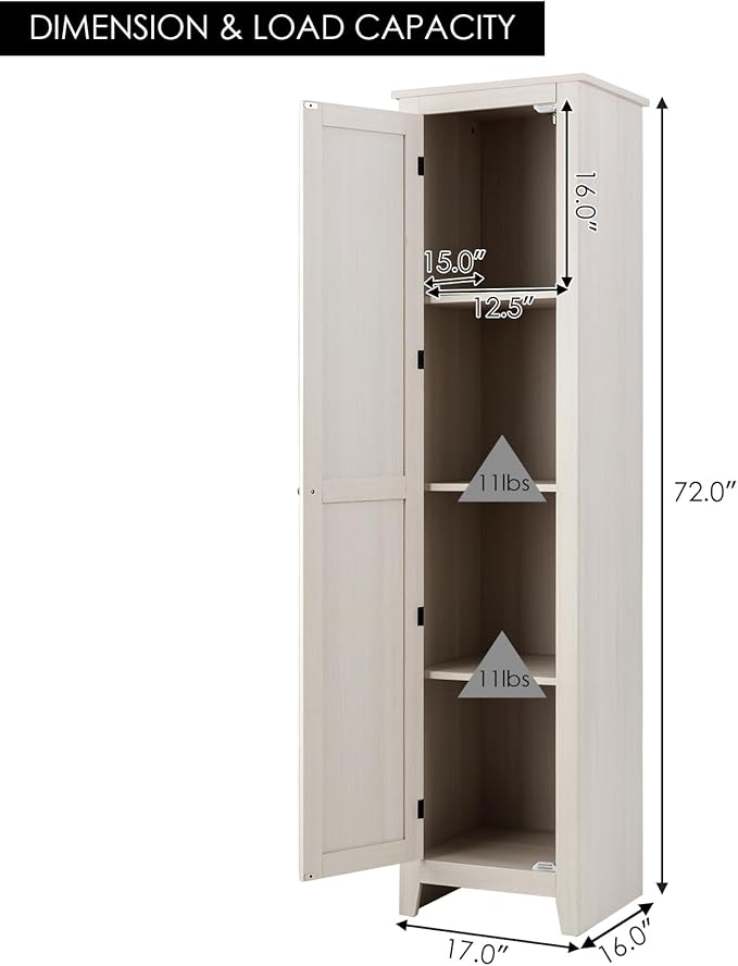 Giantex Tall Storage Cabinet Freestanding Floor Storage Tower with Four Shelves and Single Door, 17x16x72 Inch, Narrow Utility Cabinet for Living Room, Bathroom (Grayish White)