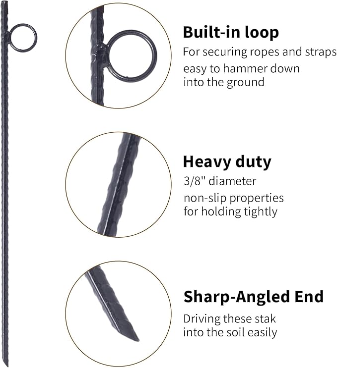 6 Pack Rebar Stakes 3/8" x 18" Heavy Duty Steel Ground Anchors with 1" Loop & Angled End for Canopy, Camping, Tent, Tarps, Garden & Yard, Black