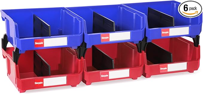 Stackable Storage Bins 6 Pack (11x11x5 Inch), Plastic Stackable Storage Organizer Bins Wall Mounted Hanging Small Parts Bin for Garage, Workbench & Office (Blue & Red)