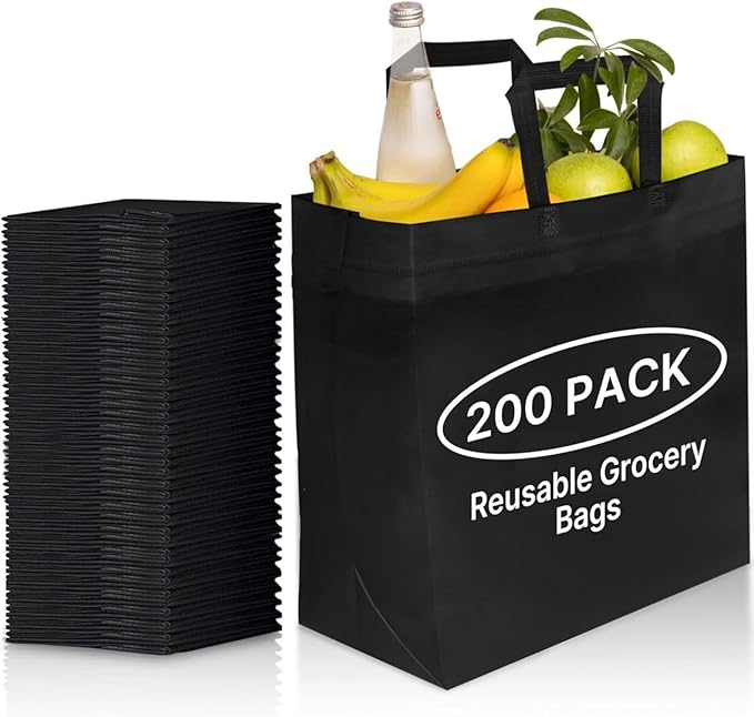Simply Cool 200 Pack Black Reusable Eco-Friendly Grocery Shopping Bags 12.6"x6.3"x11.8" Durable, Environmentally Friendly Recyclable Shopping Bags Washable, Foldable, Portable Tote Bags Bulk