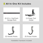 Rubbermaid Garage FastTrack 8-Piece Small Kit Black/Grey All-in-One Rail & Hook Wall Hanging Kit Wall Mounted Storage Solution for Home/Garage