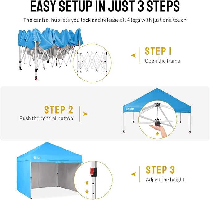 CROWN SHADES 10X10 Comercial Instant Canopy Pop Up Tent with Center Lock, 300D Fabric, 4 Sidewalls, Sto'N Go Bag, Sky Blue
