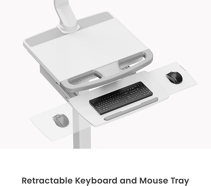 Mount Plus MB-C12 Mobile Height Adjustable Medical Workstation Cart with Retractable Keyboard, Mouse Tray, Large Tabletop (19.7" x19.3), Swivel Locking Casters for Hospitals, Dental and Clinic