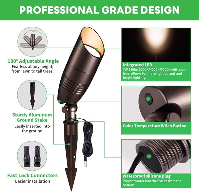 Outdoor Landscape Spotlights, 3000K/4000K/5000K Selectable LED, Low Voltage Waterproof Aluminum in ORB, Perfect for Flag Tree Patio Wall Illumination 6 Pack