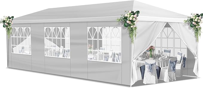 10x30 FT Party Tent, Outdoor Wedding Tents for Parties, Canopy Event Tent with 7 Removable Sidewalls, Waterproof Gazebo Shelter for Birthday Parties, Weddings, BBQs & Events (10X30FT-7Sides White)