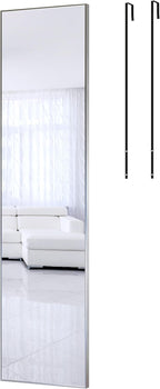 ANYHI Over The Door Mirror, 47"x12" Silver Full Length Mirror with 2 Hooks, Aluminum Brushed Frame, for Bedroom Bathroom
