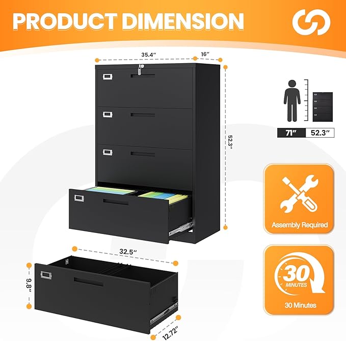 4 Drawer File Cabinets for Home Office, Metal Filing Cabinet with Lock, Black Locking File Caninet Four Drawer, Office Storage Caninets Steel Cabnet for Letter/Legal/A4/F4-Assembly Required