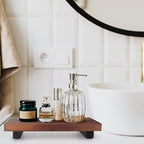 Farmhouse Wooden Bathroom Tray Small Kitchen Countertop Trays Decorative Wood Riser Pedestal Stand Dish Soap Dispenser Holder for Kitchen Counter Bathroom Sink Organizer Accessories Decor Vanity Tray