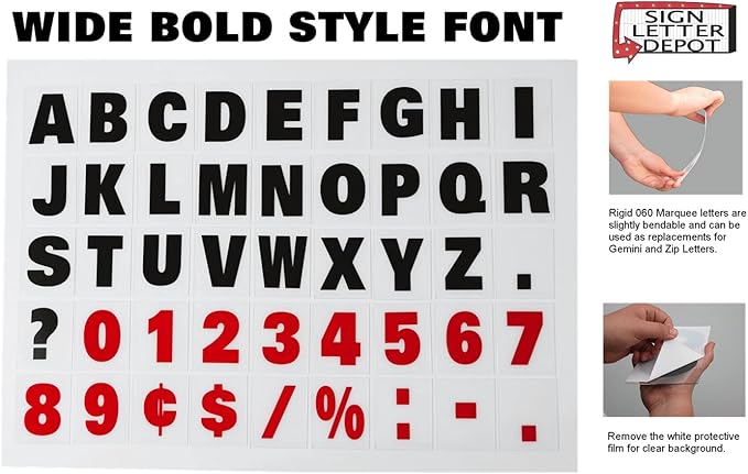 4'' on 5 inch Marquee Sign Letters, the 4'' Outdoor Marquee Letter is printed on 5'' high 060 mill thick clear rigid acrylic panel, for Outdoor Reader Board Signs , 330+ per set, Sign Letter Depot - Made in USA