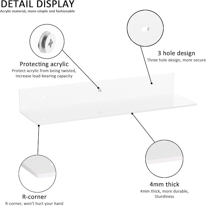 20 Inches Acrylic Wall Shelves 2 Pack, Floating Shelf for Wall Mounting, Acrylic Display Ledges for Funko Pop Figures, Home Décor, Living Room, Gaming Room, Plants(20 inch, White)