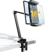 Tablet Stand Holder-Adjustable iPad Desk Mount with 360° Rotating Base for 6.3-16" Devices-Foldable Aluminum ipad Arm Mount for Desk,Bed,Kitchen-Compatible with iPhone,iPad,Tablet,Portable Monitor