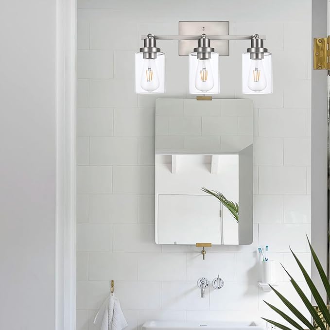 3 Light Track Lighting Kit Brushed Nickel Kitchen Track Lighting Fixtures Ceiling Mount Bathroom Vanity Wall Scones Light Fixture with Clear Glass, Rotatable Spotlight for Kitchen Shop Hallway