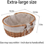Large Wicker Picnic Basket with Handles,Handle Sturdy Woven Body with Removable and Washable Lining,Outdoor Camping,Gift Packing,Garden Picking, Storage.White Flower