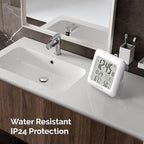 KADAMS Bathroom Clock 9.5" Kitchen Wall Clock with Large LCD Screen – Shower Clock with Suction Cup,Temperature, Humidity, Calendar – Water-Resistant, 4 Mounting Options, White