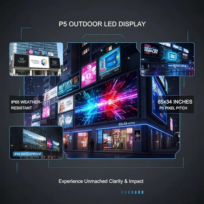 P5 Outdoor LED Sign 65"x34" Programmable Digital Board -High-Res Scrolling Display, USB and WiFi Control, Custom Images & Video for Business