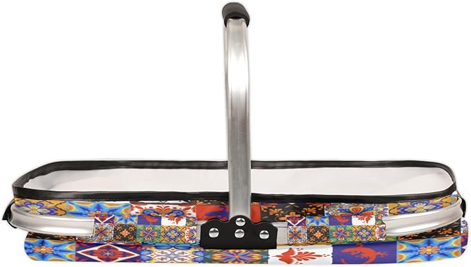 Boho Collapsible Market Basket, Mexican Talavera Tile Leakproof Folding Collapsible Portable Picnic Basket Strong Aluminum Frame for Travel, Shopping, Camping & Lake Trips