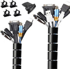 Computer Cable Sleeve Cord Management Organizer Large Black Wire Wrap Tube Under Desk Cord Covers Protectors Pets Chew Proof (1.1 inch and 7/8 inch) 5 Feet Long, TV Office Wire Wrap Solutions