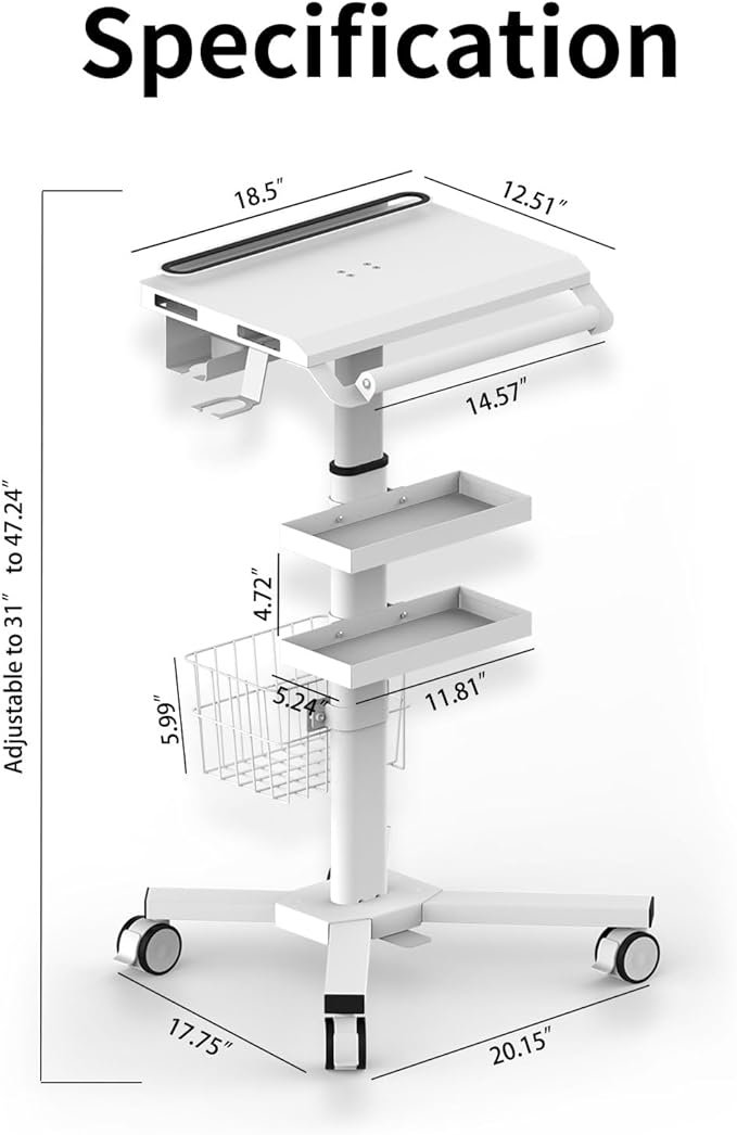 Anti-Theft Medical Laptop Cart with Scanner Holder | Mobile Workstation with Gas Lift | Height Adjustable 31.5" - 47.2" | Secure Storage & Multiple Drawers
