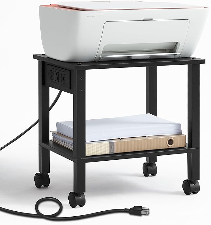 2 Tier Under Desk Printer Stand with Storage, Small Printer Table with Charging Station, Rolling Printer Cart Shelf with Lockable Wheels for Home, Office (Black)