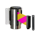 Montour Line WM115 Wall Mounted Retractable Belt Barrier with Standard Belt End, Fixed Mount, Polished Stainless Steel Casing (13 ft Magenta and Yellow Diagonal Belt)