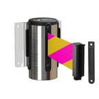 Montour Line WM115 Wall Mounted Retractable Belt Barrier with Standard Belt End, Fixed Mount, Polished Stainless Steel Casing (13 ft Magenta and Yellow Diagonal Belt)
