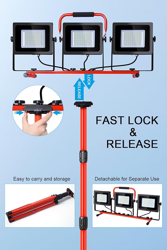 LEDMO 30000LM LED Work Lights with Stand 3 Adjustable Head Led Work Shop Flood Lights Indoor and Outdoor 150W 6000K Portable Tripod IP65 Waterproof 10Ft Power Cord for Job Stie,Yard,Garage 2 Pack