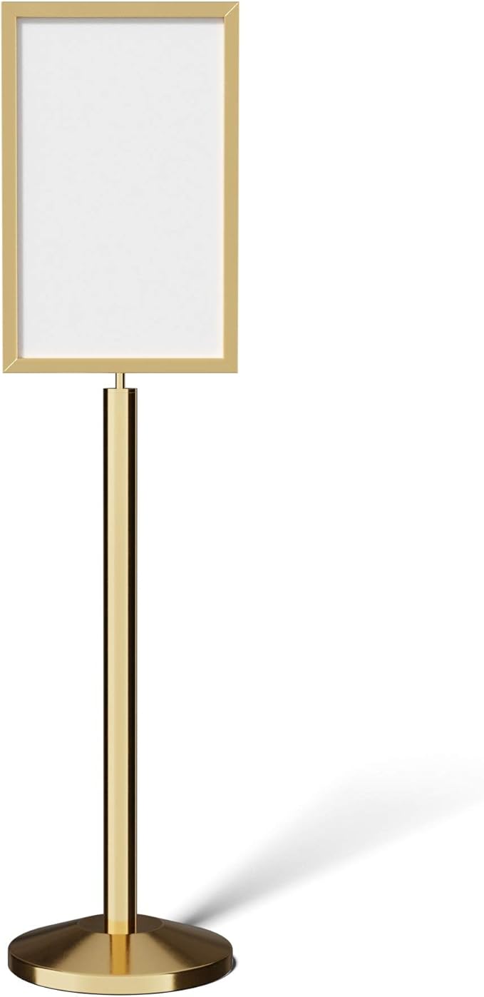 Crowd Control Warehouse Pedestal Standing Floor Sign Frame with Sloped Base, 14x22 Inch Vertical, Polished Brass