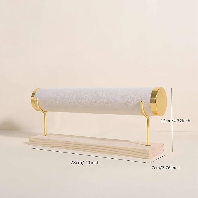 GemeShou Velvet Bangle storage oragenizer for selling,Beige bracelet storage rack for boutique store, Velvet wrap watch holder with wooden base for women girls【Bracelet holder-one tier】