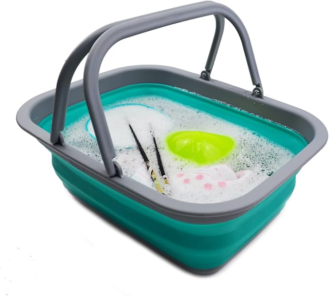 SAMMART 9.2L (2.37Gallon) Collapsible Tub with Handle - Portable Outdoor Picnic Basket/Crater - Foldable Shopping Bag - Space Saving Storage Container (Bluish-Green & Blue, 2)