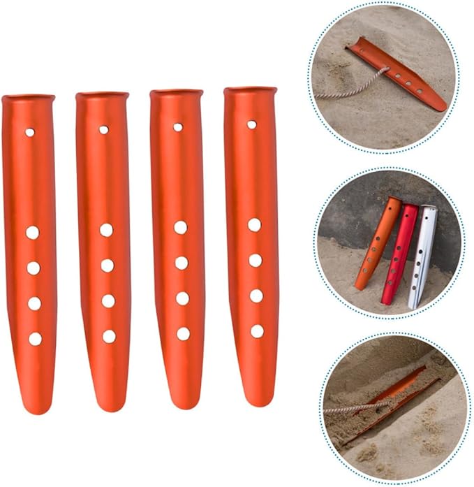 4Pcs Aluminum Tent Stakes Orange Lightweight Ground Pegs for Camping Beach Sand Snow Outdoor Tent Ground Anchors