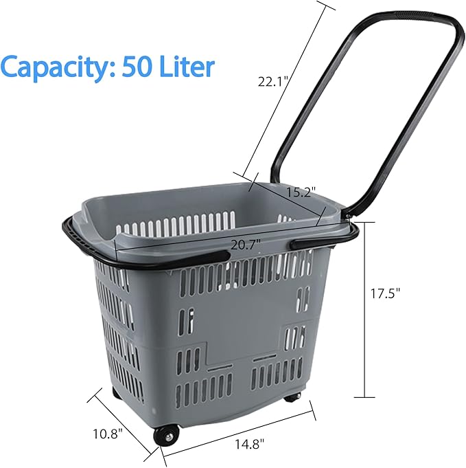Saedy Shopping Baskets with Handles Set of 6, 50 L Plastic Laundry Basket on Wheels