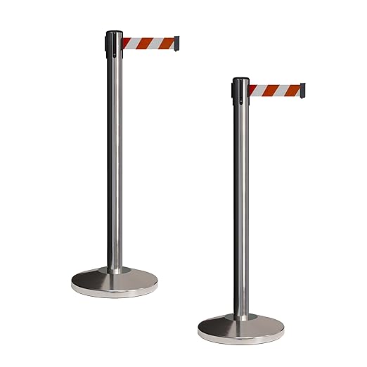 CCW Set of 2 Retractable Belt Barriers Stanchion, Polished Stainless Steel Post, RBB-100 (9 Foot Belt, Red and White Diagonal Belt)