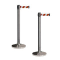 CCW Set of 2 Retractable Belt Barriers Stanchion, Polished Stainless Steel Post, RBB-100 (7.5 Foot Belt, Red and White Diagonal Belt)